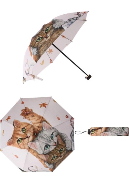Sağlam Kedi Desenli Şemsiye – 66 cm Açılır, 24 cm Katlanır, Pratik Kullanım