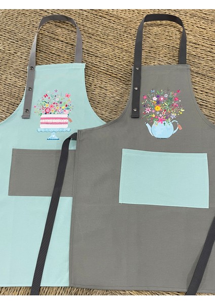 Mutfak Önlüğü Seti 2'li Leke Tutmaz Su Itici Kumaş Solmaz Baskı Çiçekli Pasta ve Demlik Desenli modelleri