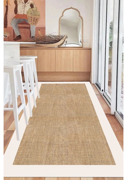 Dijital Kaymaz Yıkanabilir Jüt Görünümlü Beyaz Çerçeveli Salon Halısı Mutfak Halısı Yolluk DC-7024