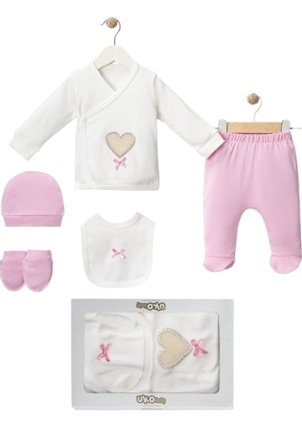 Kutulu 5 Parça Hastane Çıkışı Kalpli Zıbın Takımı 0-3 Ay Hastane Çıkış Seti
