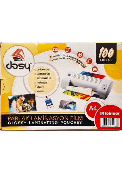 100'LÜ Parlak Laminasyon Dosyası A4 125MIC, Yüksek Kaliteli ve Dayanıklı Koruma Sağlar