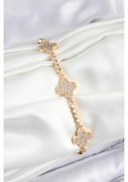 Pirinç Zirkon Taşlı Yonca Model Gold Renk Kadın Bileklik