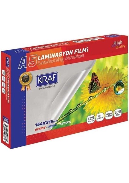 Parlak Laminasyon Filmi A5 125MIC 100'LÜ Paket, 17X25 Cm, Yüksek Kaliteli Koruma