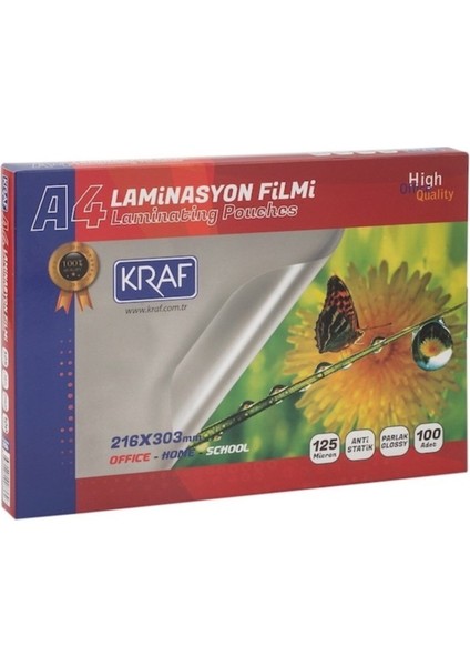 Laminasyon Filmi A4 216X303 mm 125 Micron 100'LÜ Paket