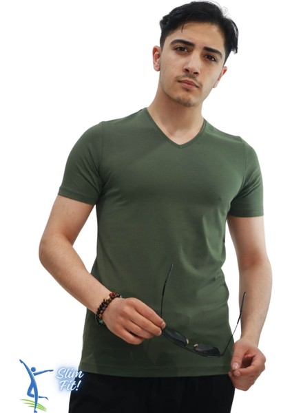 Erkek Slim Fit V Yaka Tişört - Dar Kesim Basic Günlük T-Shirt Haki