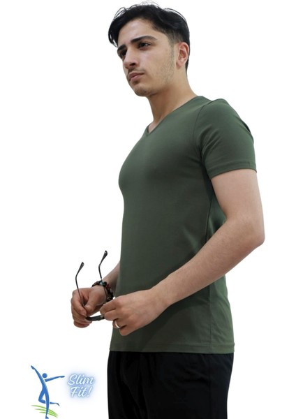Erkek Slim Fit V Yaka Tişört - Dar Kesim Basic Günlük T-Shirt Haki modelleri