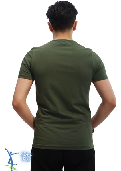 Erkek Slim Fit V Yaka Tişört - Dar Kesim Basic Günlük T-Shirt Haki fırsatları