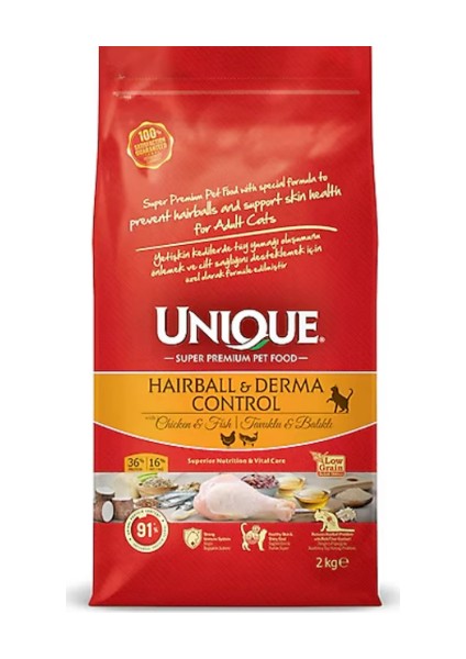 Uni Que Hairball & Derma Control Tavuklu ve Balıklı 2 kg Yetişkin Kedi Maması