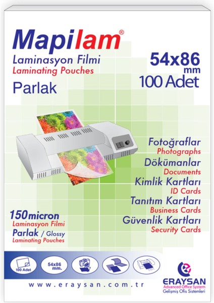 Parlak Laminasyon Filmi 150 Micron, 54X86, 100 Adet, Kredi Kartı Boyutlu