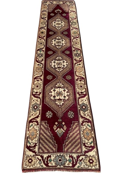 El Dokuma Uşak Halısı 78X330 Mor Yolluk %100 Yün Kök Boya