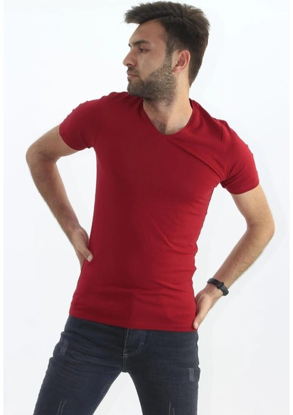 Erkek Slim Fit V Yaka Tişört - Dar Kesim Basic Günlük T-Shirt Bordo