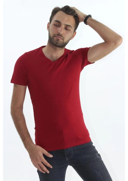 Erkek Slim Fit V Yaka Tişört - Dar Kesim Basic Günlük T-Shirt Bordo fiyatları