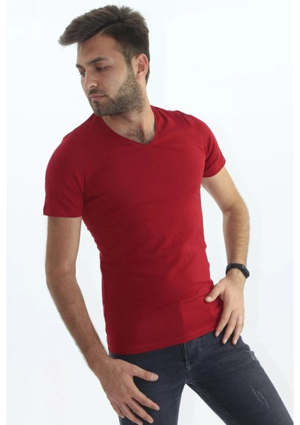 Erkek Slim Fit V Yaka Tişört - Dar Kesim Basic Günlük T-Shirt Bordo modelleri