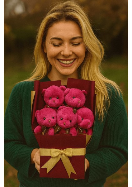 Peluş Ayıcık Buketi Fuşya – 5’li Sevimli Teddy Bear Aranjmanı | Hediyelik ve Dekoratif