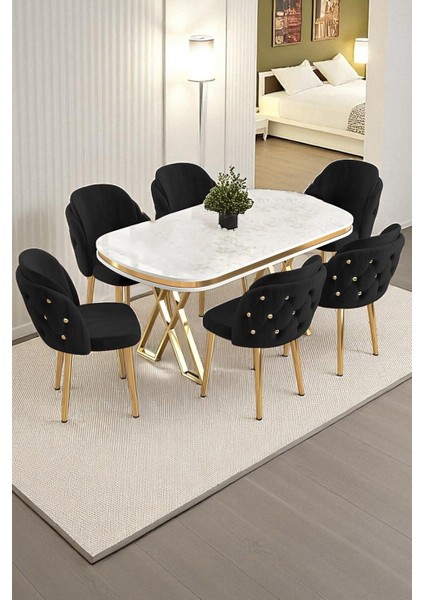 6'lı Mutfak Sandalyesi Salon Sandalyesi Gold Düğme Gold Konik Ayak Çift Papel Sandalye Baby Face