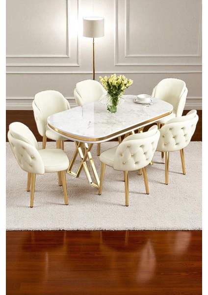 6'lı Mutfak Sandalyesi Salon Sandalyesi Gold Düğme Gold Konik Ayak Çift Papel Sandalye Baby Face