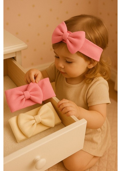 Kız Bebek & Çocuk Fiyonklu Bandana 2'li Set (Krem/pembe) fiyatları