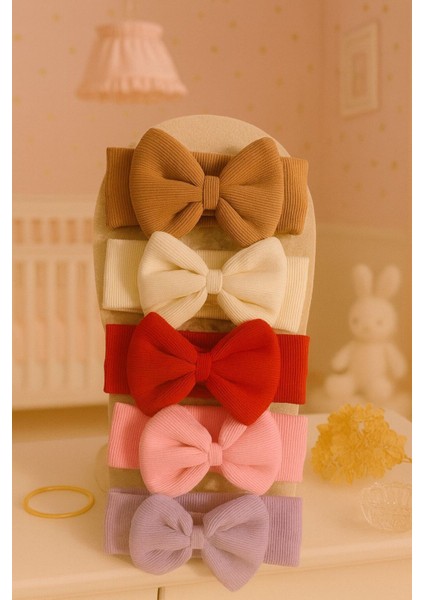 Kız Bebek & Çocuk Fiyonklu Bandana 5'li Set (Krem/beyaz/kırmızı/pembe/mor)