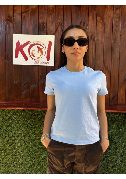 Basic Baskısız Düz Model / Kadın Mavi Renk T-Shirt