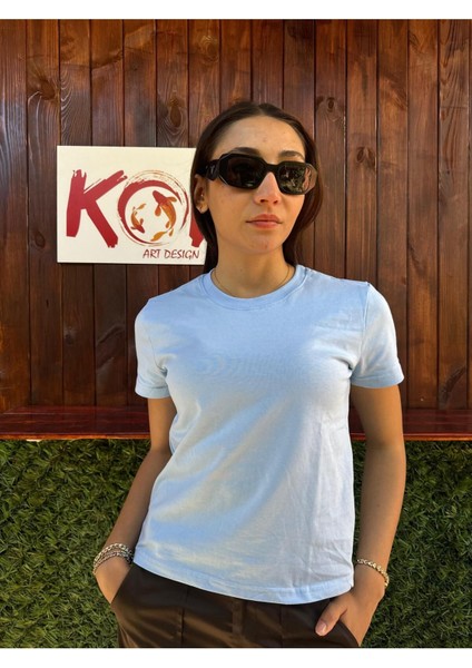 Basic Baskısız Düz Model / Kadın Mavi Renk T-Shirt modelleri
