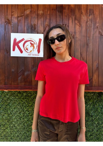 Basic Baskısız Düz Model / Kadın Kırmızı Renk T-Shirt