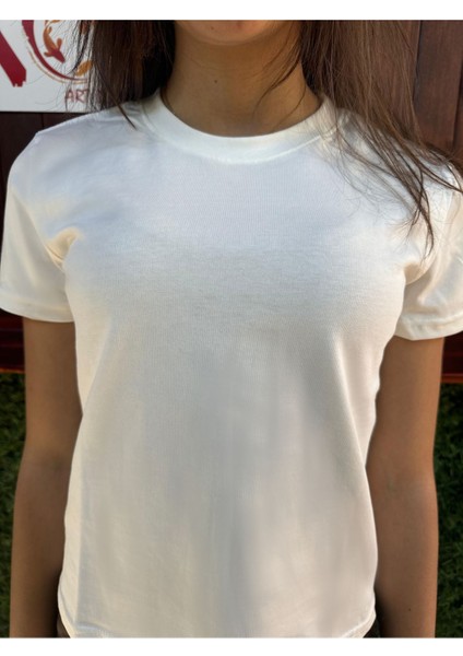 Basic Baskısız Düz Model / Kadın Ekru Renk T-Shirt