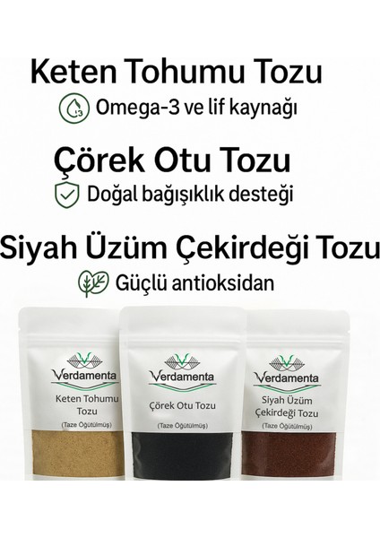 Taze Öğütülmüş 3’lü Doğal Tohum Tozu Seti (Keten Tohumu – Çörek Otu – Siyah Üzüm Çekirdeği) 3x100 g fiyatları