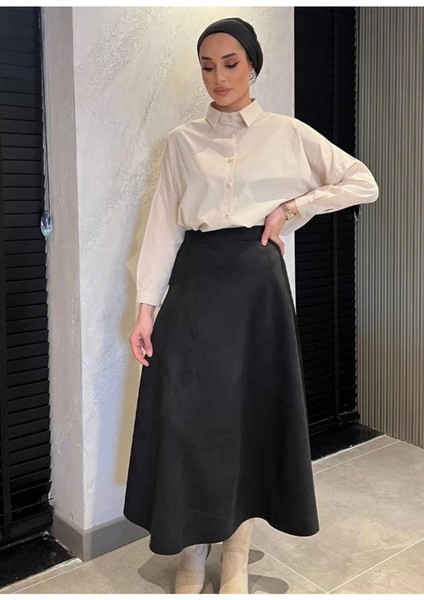 A Line Kadın Siyah Yüksek Bel Süet Mevlana Etek 0021