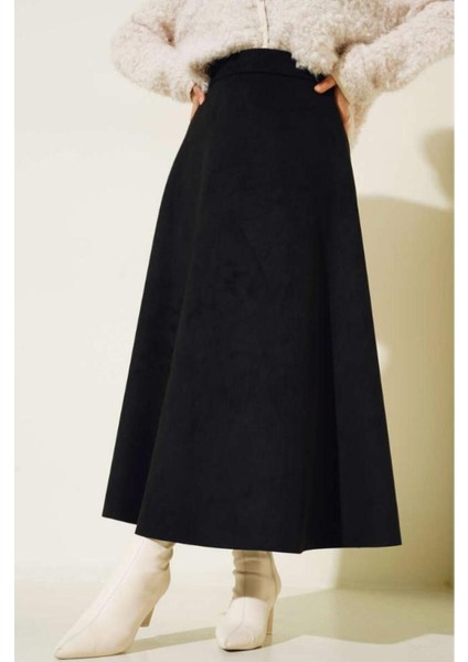 Kadın Siyah Yüksek Bel Süet Mevlana Etek