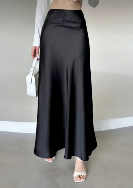 Kadın Şık Saten Kemeri Lastikli 95CM Kloş Maxi Boy Etek