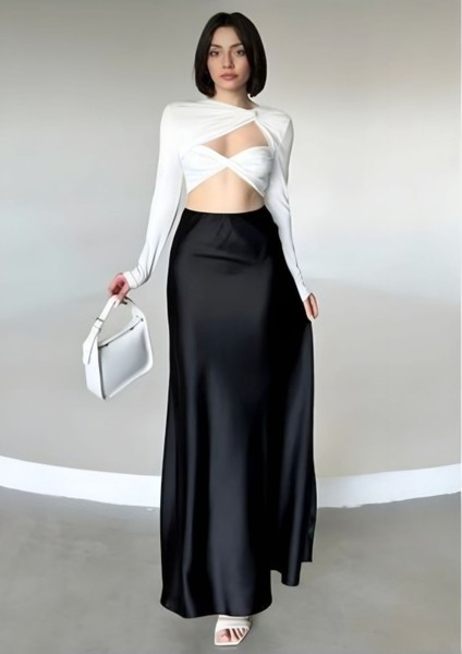 Kadın Şık Saten Kemeri Lastikli 95CM Kloş Maxi Boy Etek modelleri