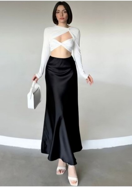 Kadın Şık Saten Kemeri Lastikli 95CM Kloş Maxi Boy Etek