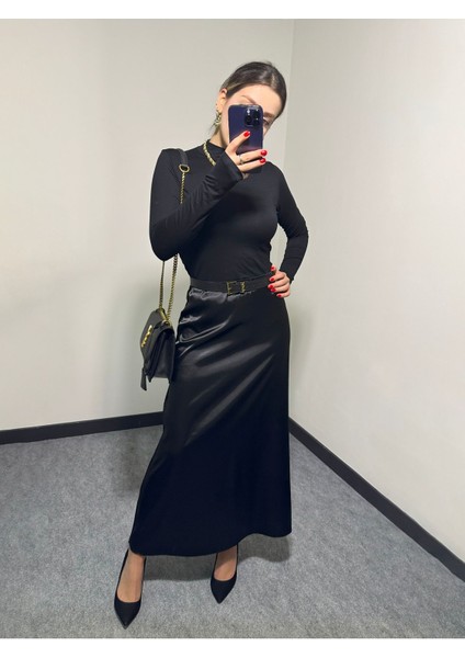 Kadın Şık Saten Kemeri Lastikli 95CM Kloş Maxi Boy Etek