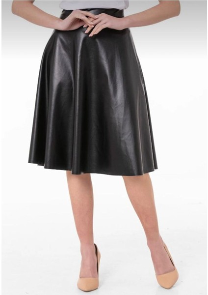 Midi Boy Deri Kiloş Etek Leather Skirt 0041