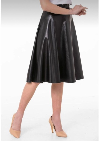 Midi Boy Deri Kiloş Etek Leather Skirt 0041