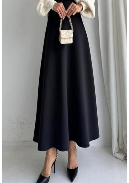 Kadın Scuba Krep Bel Lastikli Kiloş Etek Siyah