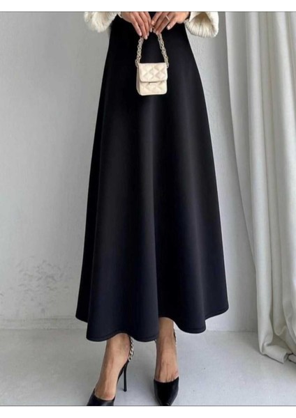 Kadın Scuba Krep Bel Lastikli Kiloş Etek Siyah