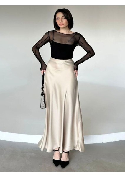 Yeni Moda Lüks Kalite Beli Lastikli Maxi Boy Uzun Saten Etek 100 cm