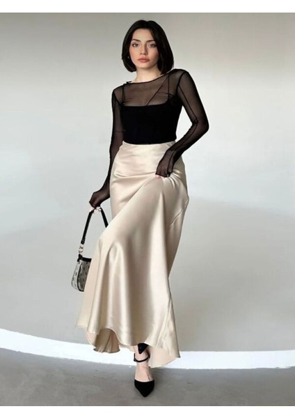 Yeni Moda Lüks Kalite Beli Lastikli Maxi Boy Uzun Saten Etek 100 cm modelleri