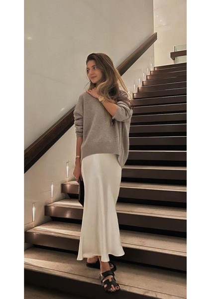 Kadın Beli Lastikli Krem Renk Saten Etek Uzun Boy fiyatları