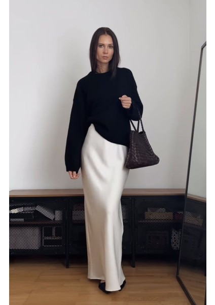 Kadın Beli Lastikli Krem Renk Saten Etek Uzun Boy fırsatları