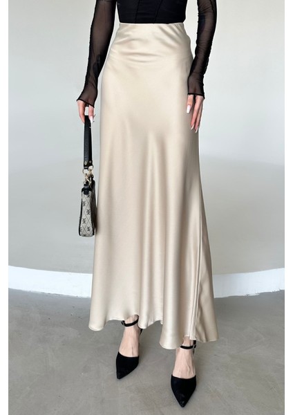 Kadın Şık Saten Kemeri Lastikli 100 cm Maxi Boy A Line Etek