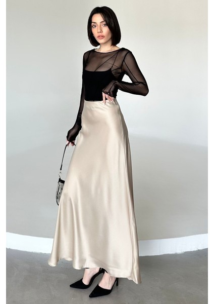 Kadın Şık Saten Kemeri Lastikli 100 cm Maxi Boy A Line Etek modelleri