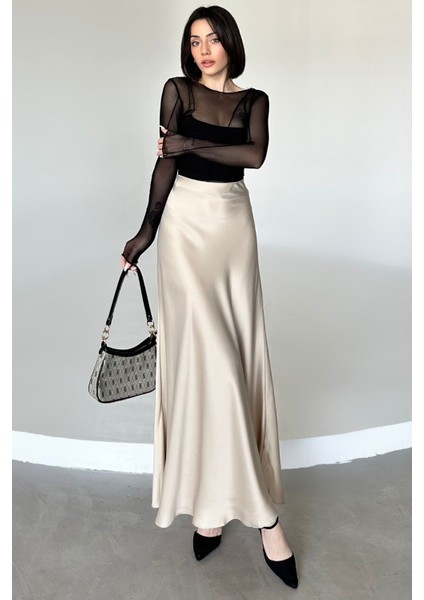 Kadın Şık Saten Kemeri Lastikli 100 cm Maxi Boy A Line Etek fırsatları