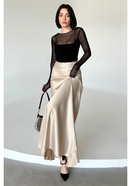 Kadın Şık Saten Kemeri Lastikli 100 cm Maxi Boy A Line Etek
