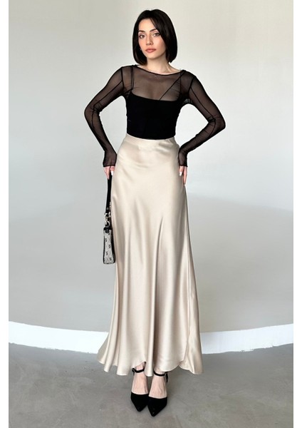 Kadın Şık Saten Kemeri Lastikli 100 cm Maxi Boy A Line Etek