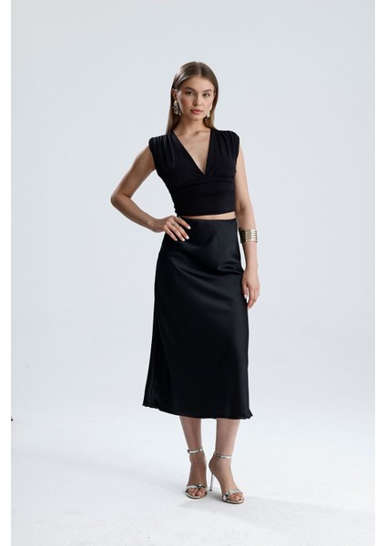 Kadın Yüksek Bel Saten Midi Boy Etek modelleri