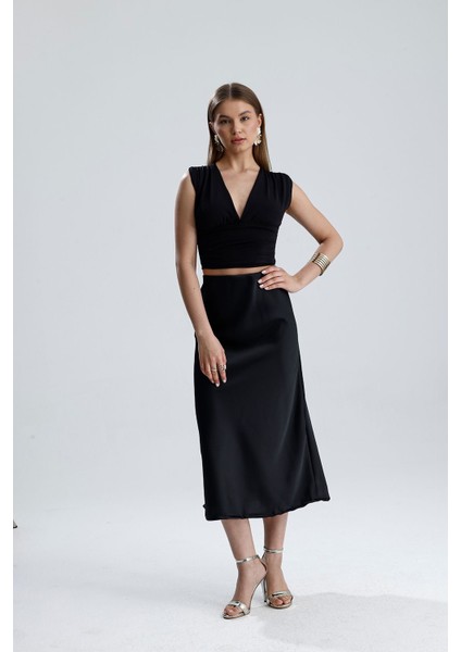 Kadın Yüksek Bel Saten Midi Boy Etek