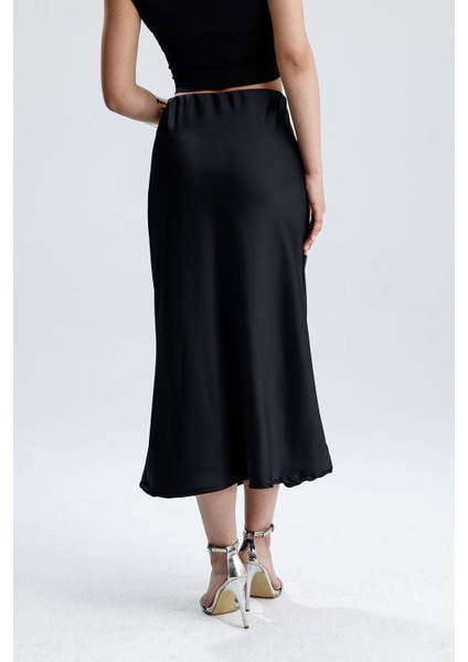 Kadın Yüksek Bel Saten Midi Boy Etek
