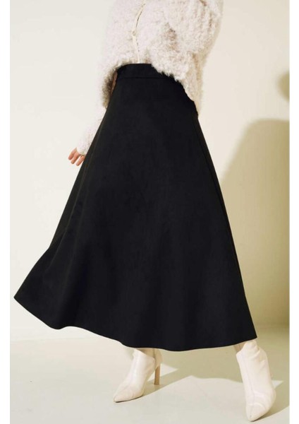 Kadın Siyah Yüksek Bel Süet Mevlana Etek